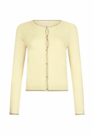 Cardigan a maniche lunghe di colore giallo chiaro con scollo rotondo, bottoni decorati con cristalli e rifinitura sottile dorata sui bordi e sui polsini.