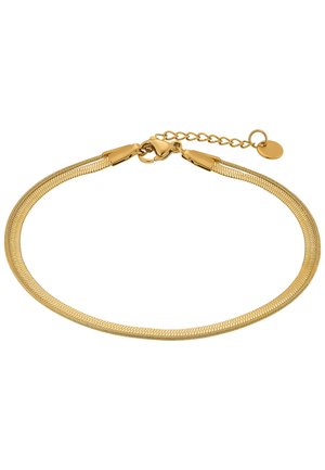 Goudkleurige metalen armband met een flexibele gaasdesign, voorzien van een lobster clasp en een verlengketting met een ronde accent.