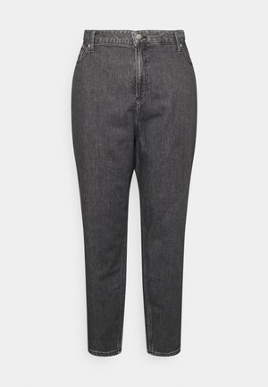 Donkergrijze, rechte spijkerbroek met hoge taille, voor met knoop- en ritssluiting, riemlussen en steekzakken.