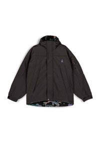 Dunkelgraue Steppjacke mit Kapuze, ausgestattet mit zwei Fronttaschen und einer seitlichen Reißverschlusstasche. Mit buntem, gemustertem Fleece gefüttert.