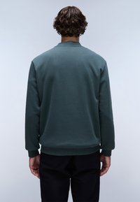 Felpa verde con collo a giro, polsini e orlo ribattuti, realizzata in un materiale morbido. La vista posteriore mostra una texture liscia. Indossata con pantaloni scuri.