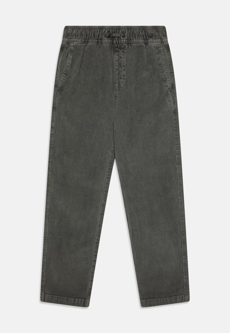 Pantalon en velours côtelé gris foncé avec une ceinture élastique et des poches avant, présenté à plat sur fond blanc.