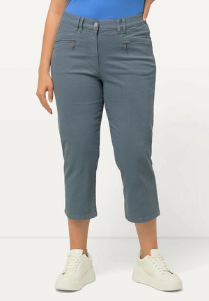 Šedé cropped kalhoty s hladkým povrchem, vybavené dvěma předními zipovými kapsami a knoflíkovým zapínáním. V kombinaci s bílými sneakerkami.
