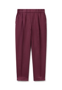 Pantalons violets taille haute avec ceinture élastique, poches latérales, plis avant et ourlets retroussés, exposés sur un fond blanc.