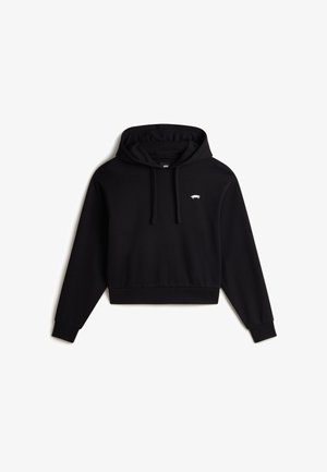 Sudadera corta negra con mangas largas, capucha con cordón y un pequeño logo blanco en el pecho. Fabricada con una tela suave y elástica.