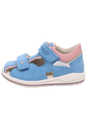 Blue and pink children’s sandal with two adjustable Velcro straps, glitter accents, star detail, and cushioned white sole.