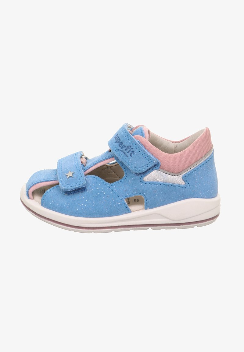 Bunte Kinder-Sandalen in Blau und Pink mit zwei verstellbaren Klettverschlüssen, glitzernden Akzenten, Sternenmotiv und gepolsterter weißer Sohle.