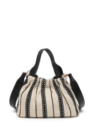 Beige fabric handbag with black vertical stripes, gathered top, short handles, and detachable black shoulder strap with gold hardware.