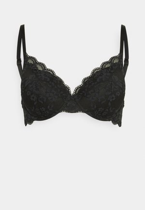 Black lace bra with scalloped edges, molded cups, adjustable straps, and floral pattern. Smooth texture with decorative detailing.