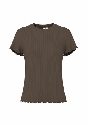 Hnedý krátky rukáv s rebrovanou textúrou, okrúhlym výstrihom a okrajom s vlnkovaným lemovaním na rukávoch a spodnom okraji.