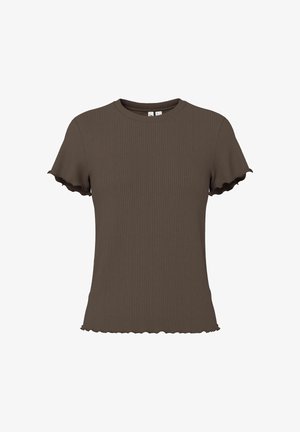 Bluza maro cu mâneci scurte și dungi, cu decolteu rotund și margine ondulată pe mâneci și tiv.