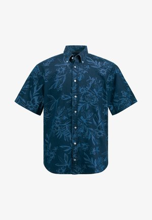 Camicetta a maniche corte con bottoni di colore blu scuro, con un sottile motivo floreale. Realizzata in cotone, presenta un colletto e una tasca sul petto.