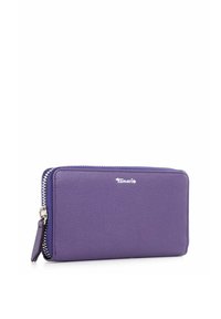 Purple leather wallet with a pebbled texture, featuring a silver zipper and a logo. Rectangular shape with a zip-around closure.