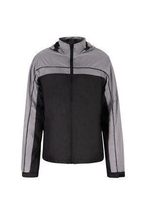 Lagani jakna u crnoj i sivoj boji, sa punim prednjim patentnim zatvaračem, kapuljačom i kontrastnim bočnim panelima. Glatka tekstura i minimalistički dizajn.