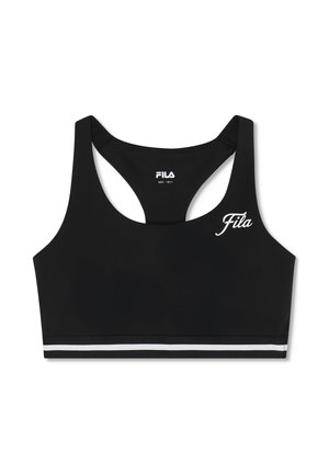 Schwarzer FILA-Sport-BH mit Racerback-Design, weißem Logo vorne und hinten sowie einem weißen Streifen entlang des unteren Bündchens.