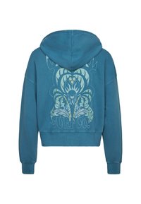 Teal cropped hoodie met een grote bloemenprint in lichtgroen op de achterkant, met ribbelboorden en een onderrand, en een capuchon met trekkoord.