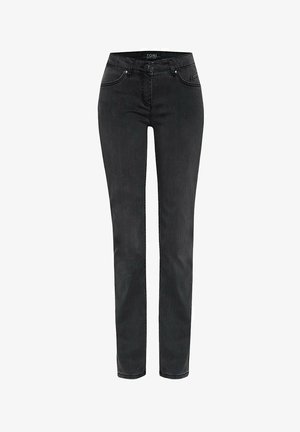 Schwarze Skinny Jeans aus Denim mit mittelhohem Bund, fünf Taschen, dezenten Nähten und einer glatten Textur.