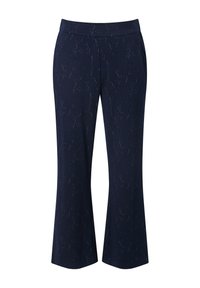 Mörkblå byxor med en texturerad blommönster, med rak skärning och en bred midja. Inkluderar sidofickor för funktionalitet.