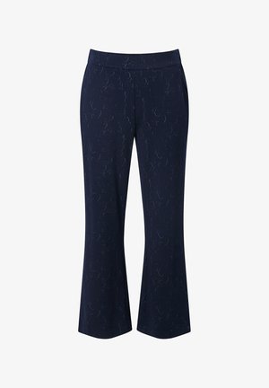 Pantalones azul marino con un patrón floral texturizado, que presentan un corte recto y una cinturilla ancha. Incluyen bolsillos laterales para mayor funcionalidad.