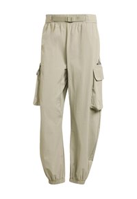 Khaki cargo kalhoty s elastickým pasem, nastavitelním pásem, bočními kapsami a elastickými manžetami; vyrobené z lehkého, strukturovaného materiálu.