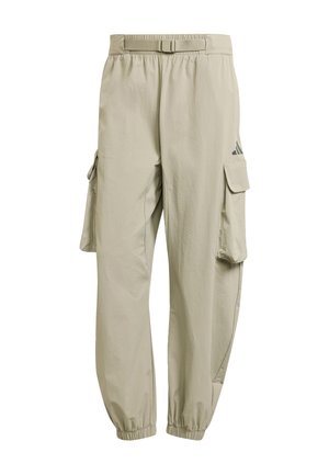 Kaki cargo hlače s elastičnim pojasom, podesivim remenom, bočnim džepovima i elastičnim manžetama; izrađene od laganog, teksturiranog materijala.