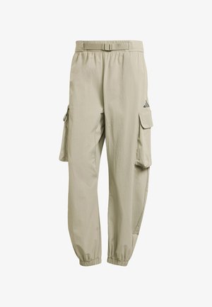 Kaki cargo hlače s elastičnim pojasom, podesivim remenom, bočnim džepovima i elastičnim manžetama; izrađene od laganog, teksturiranog materijala.