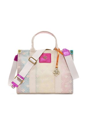 Beige fabric handbag with multicolor scallop pattern, two handles, adjustable shoulder strap with pink accents, and gold logo charm.