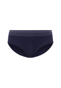 Navy blue cotton brief with a wide elastic waistband featuring thin horizontal stripes. Smooth texture, full coverage design, and no visible seams.