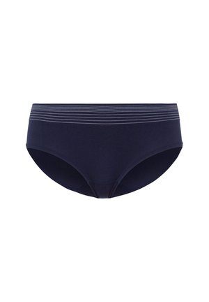 Navy blue cotton brief with a wide elastic waistband featuring thin horizontal stripes. Smooth texture, full coverage design, and no visible seams.