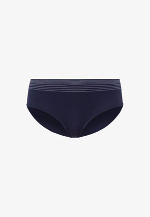 Navyblaue Baumwollslips mit breitem Gummibund und dünnen horizontalen Streifen. Glatte Textur, vollständige Abdeckung und keine sichtbaren Nähte.