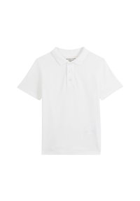 Chemise polo blanche en coton, dotée d'un col classique, de manches courtes et d'une patte de boutonnage à trois boutons. Texture lisse, design simple.