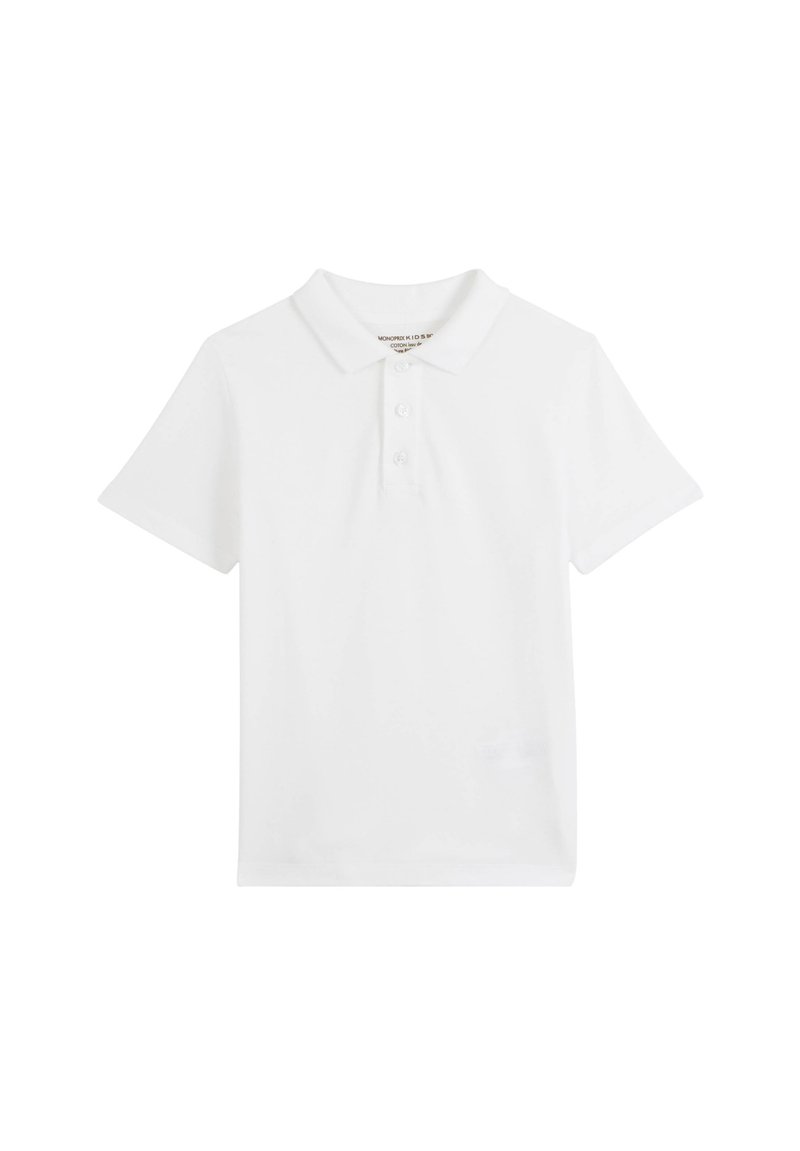 Chemise polo blanche en coton, dotée d'un col classique, de manches courtes et d'une patte de boutonnage à trois boutons. Texture lisse, design simple.