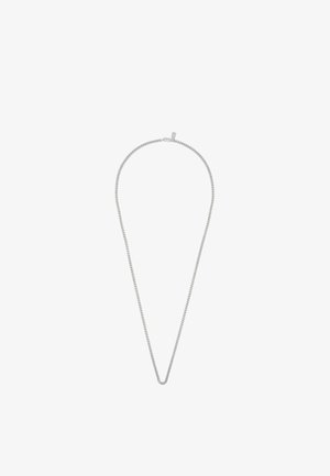 Collana in argento con un design attorcigliato, caratterizzata da una superficie liscia e una chiusura sicura. La sua forma forma una V al centro.