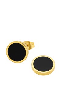 Boucles d'oreilles circulaires dorées avec un centre noir lisse. Le design comprend un fermoir à tige sécurisé et une finition polie.