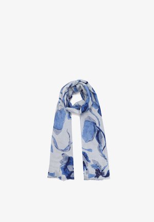 Sciarpa leggera con un motivo floreale blu su uno sfondo chiaro, con una morbida texture e bordi frangiati per un tocco di dettaglio.