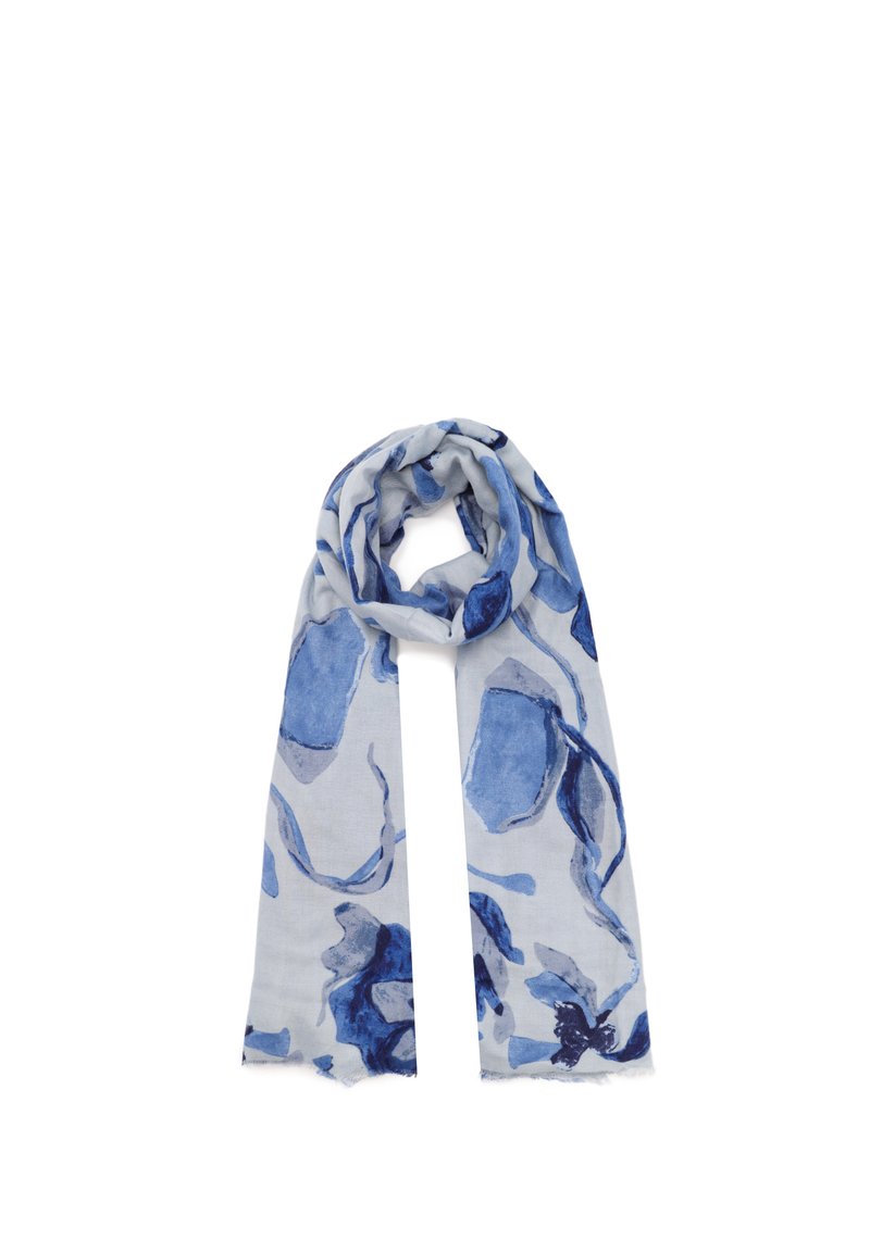 Sciarpa leggera con un motivo floreale blu su uno sfondo chiaro, con una morbida texture e bordi frangiati per un tocco di dettaglio.