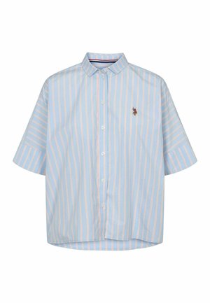 Kurzärmeliges Hemd in Hellblau mit vertikalen rosa Streifen, ausgestattet mit einem kleinen gestickten Logo auf der Brust und einem klassischen Kragen.