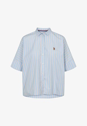 Kortærmet skjorte med knaplukning i lys blå med lodrette pink striber, prydet med et lille broderet logo på brystet og en klassisk krave.