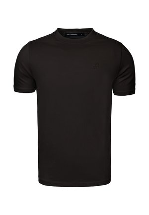 T-shirt nera a maniche corte con scollo rotondo, logo discreto sul petto e etichetta di dimensioni medie all'interno del collo.