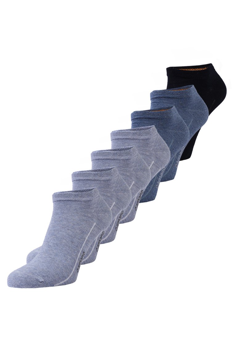 Set of seven ankle socks in varying shades of blue and black. Soft knit fabric with a ribbed cuff and subtle texture. Features reinforced heels.