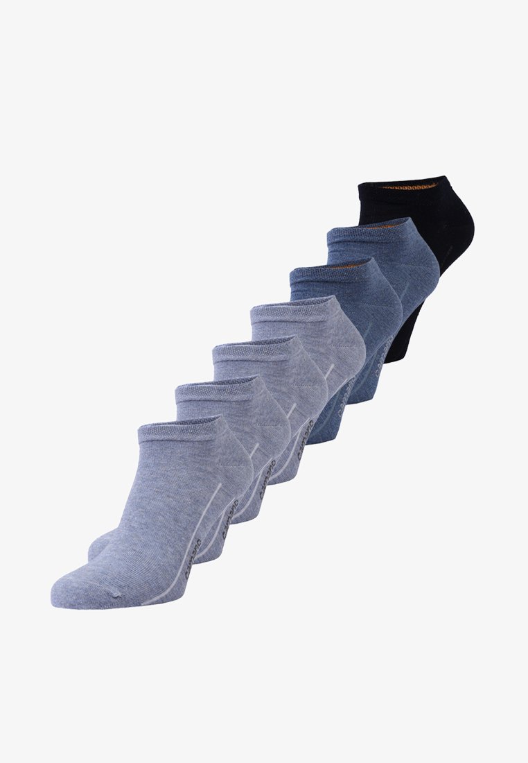 Set of seven ankle socks in varying shades of blue and black. Soft knit fabric with a ribbed cuff and subtle texture. Features reinforced heels.