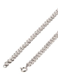 Silberne Metallkette mit miteinander verbundenen kreisförmigen Gliedern, ausgestattet mit einem Karabiner-Verschluss. Glatte Textur und polierte Oberfläche.