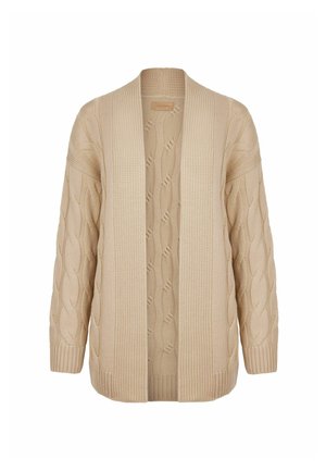 Beige stickad cardigan med kabelstickat mönster, öppen front, ribbade ärmslut och nederkant samt avslappnad passform för komfort.