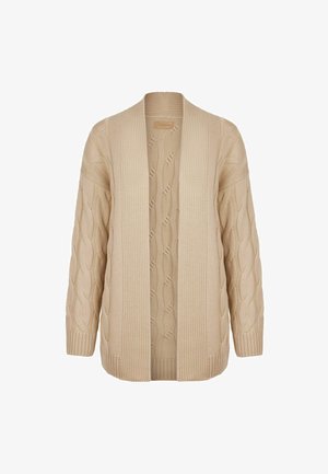 Cardigan lavorato a maglia beige con motivo a treccia, apertura frontale, polsini e orlo a costine, e vestibilità comoda e rilassata.
