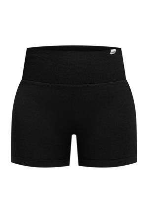 Černé atletické šortky s širokým žebrovaným pasem, hladkým materiálem a krátkým střihem. Žádné viditelné vzory ani další akcenty.
