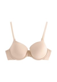 Beige, polstret bh med undertråd, justerbare stropper, glat tekstur og sømløst design. Har en lukket ryg med hægte- og øjesløjfe.