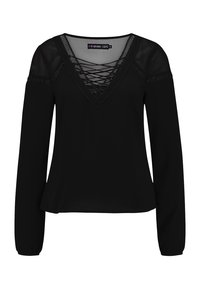 Zwarte lange mouw top met een V-halslijn, voorzien van kantaccenten en een veterontwerp. Gemaakt van zacht materiaal met een comfortabele pasvorm.