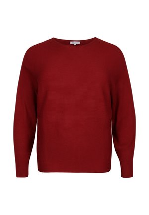 Lange mouw, geribbelde gebreide trui in diep rood met een ronde halslijn, ontworpen in een relaxte pasvorm voor grote maten.