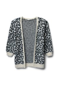 Cardigan a stampa leopardata in morbido tessuto crema e nero, con apertura frontale, maniche a tre quarti e una morbida texture interna grigia.