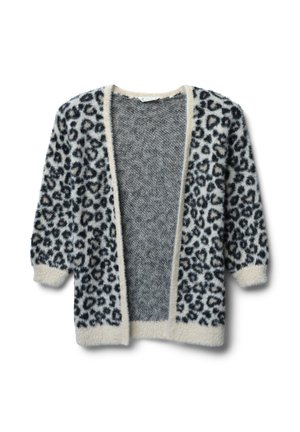 Cardigan en imprimé léopard en tissu crémeux et noir duveteux, à l'avant ouvert, manches trois-quarts, avec une texture intérieure grise douce.